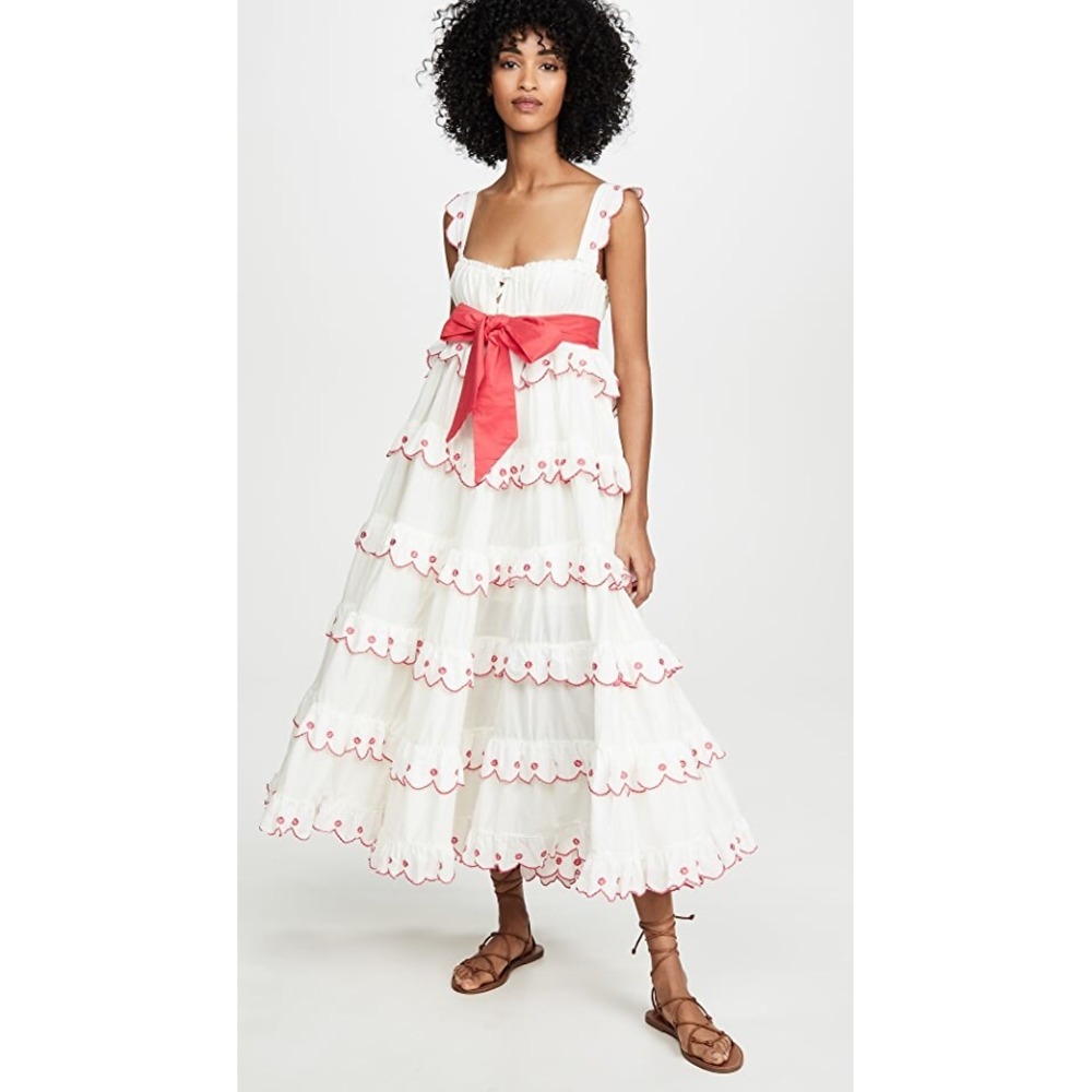 NWT INNIKA CHOO Scallop Frill Iva Biigdres Dress in Cream Midi Belt SZ: 2  Doen
